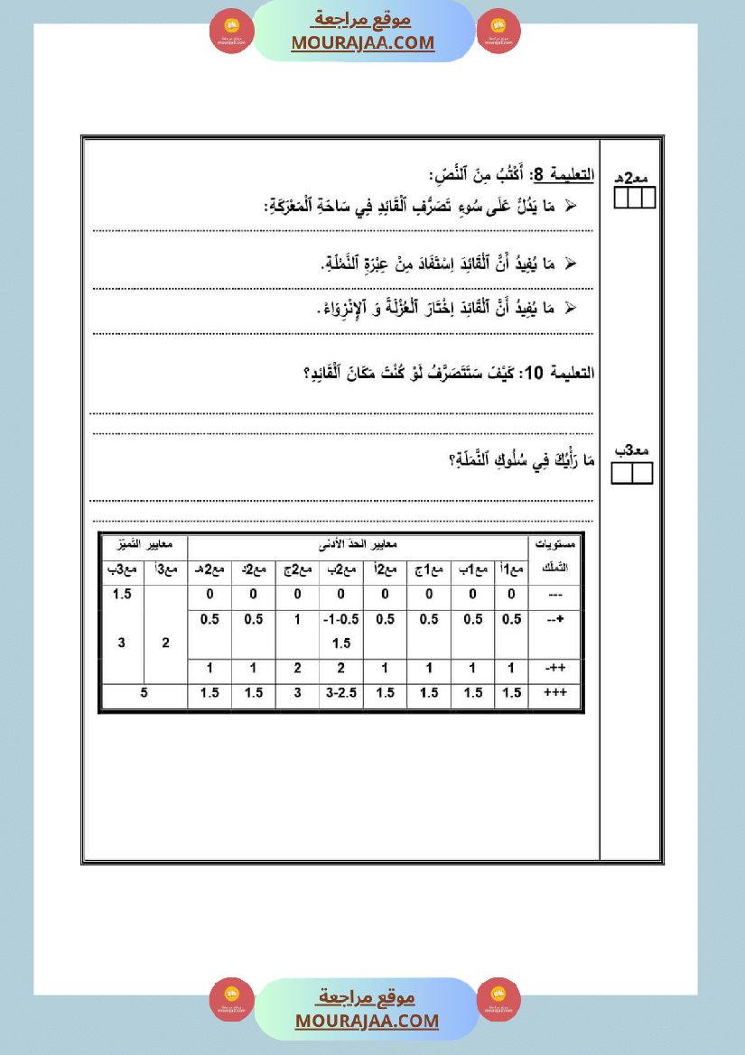 امتحان سنة رابعة ابتدائي قراءة الثلاثي الثاني