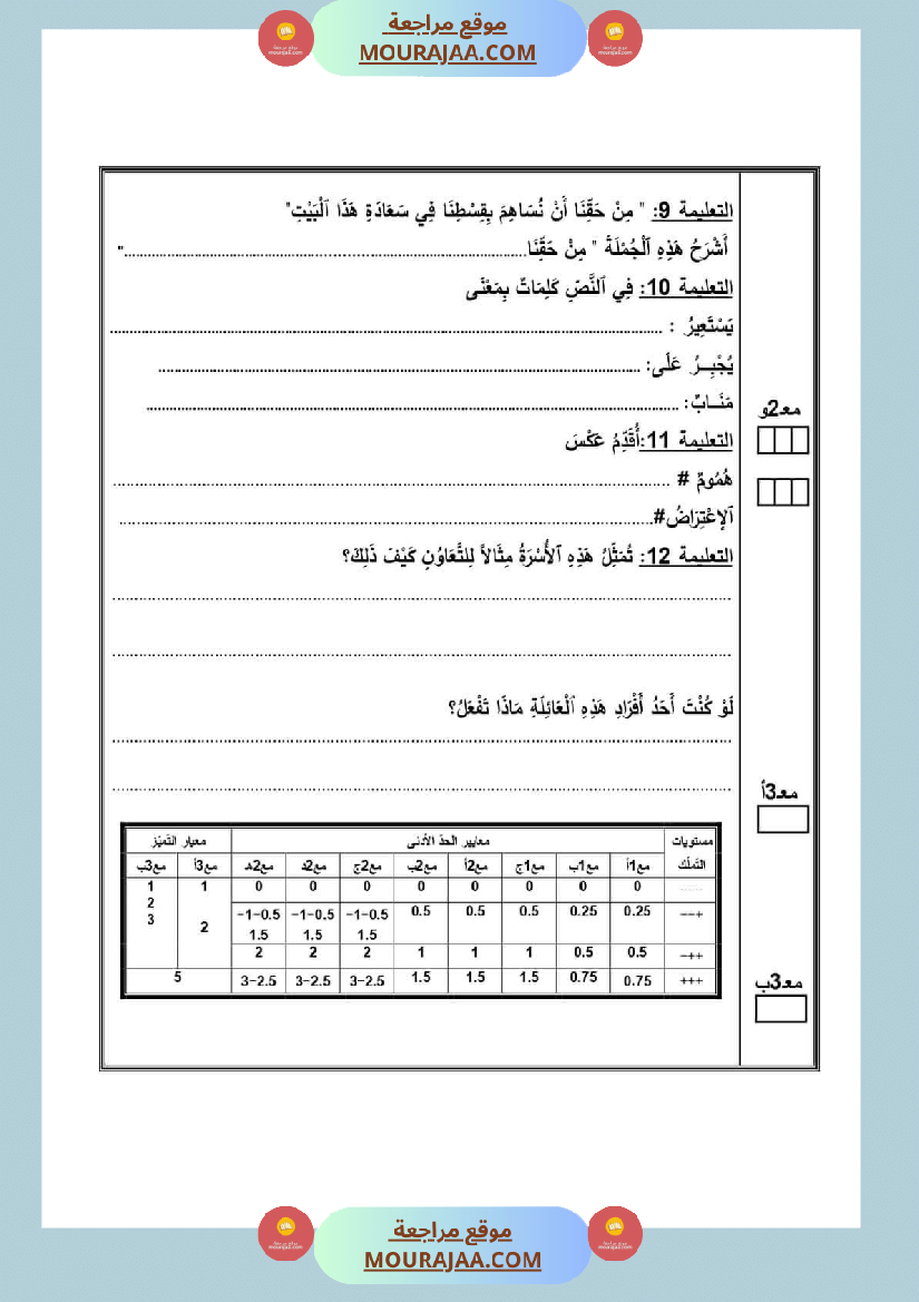 امتحان سنة رابعة ابتدائي قراءة الثلاثي الثاني