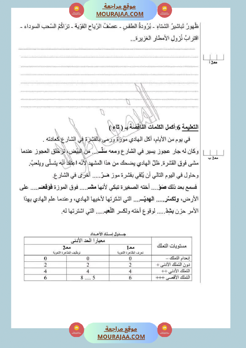 امتحان سنة رابعة ابتدائي قراءة الثلاثي الثاني