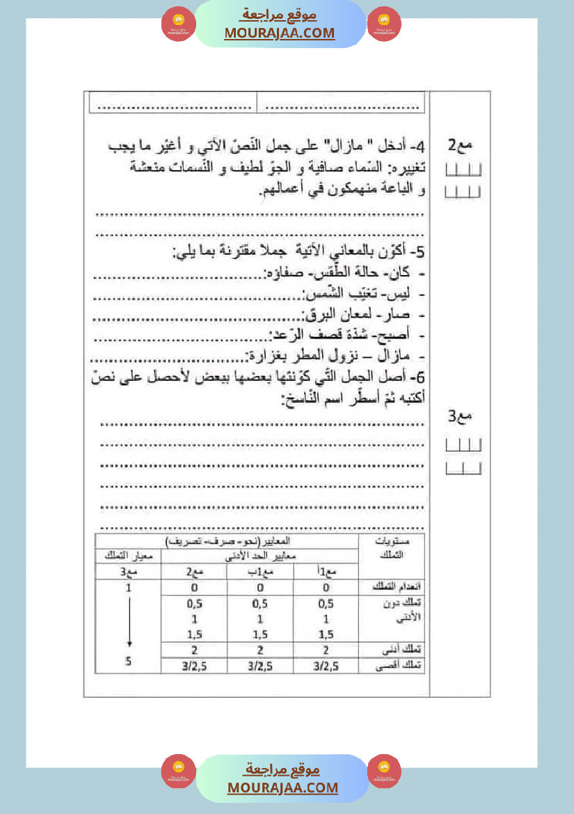 امتحان سنة رابعة ابتدائي قراءة الثلاثي الثاني
