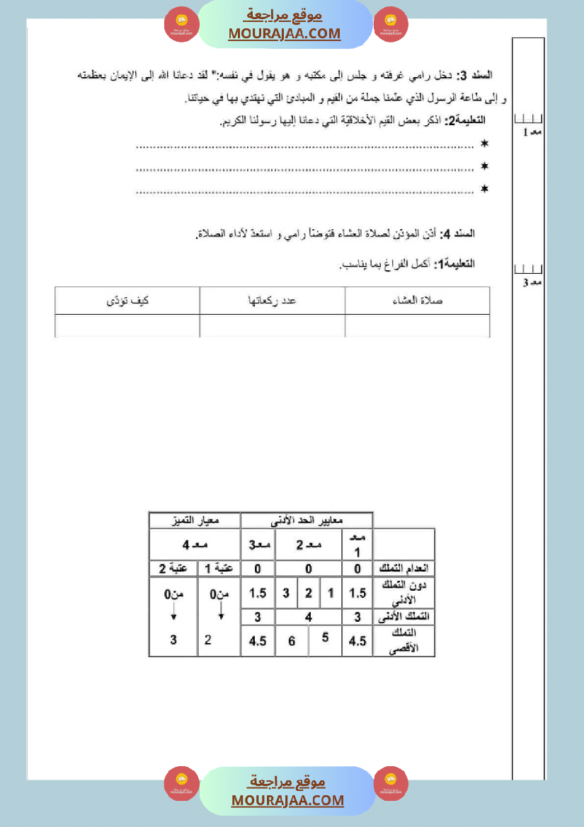 امتحان قراءة سنة رابعة ابتدائي الثلاثي الثاني