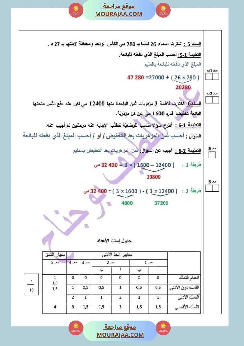 اختبار في سنة رابعة ابتدائي رياضيات الثلاثي الثاني