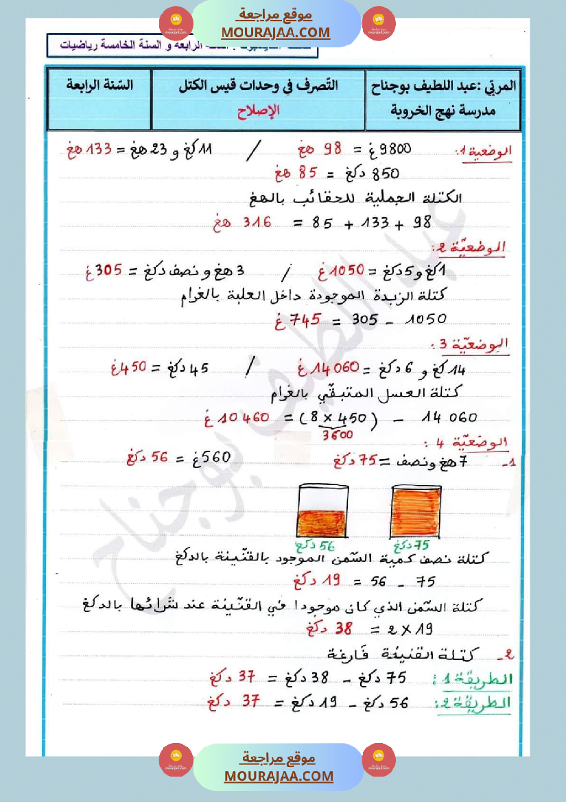 اختبار كتابي رياضيات سنة رابعة ابتدائي