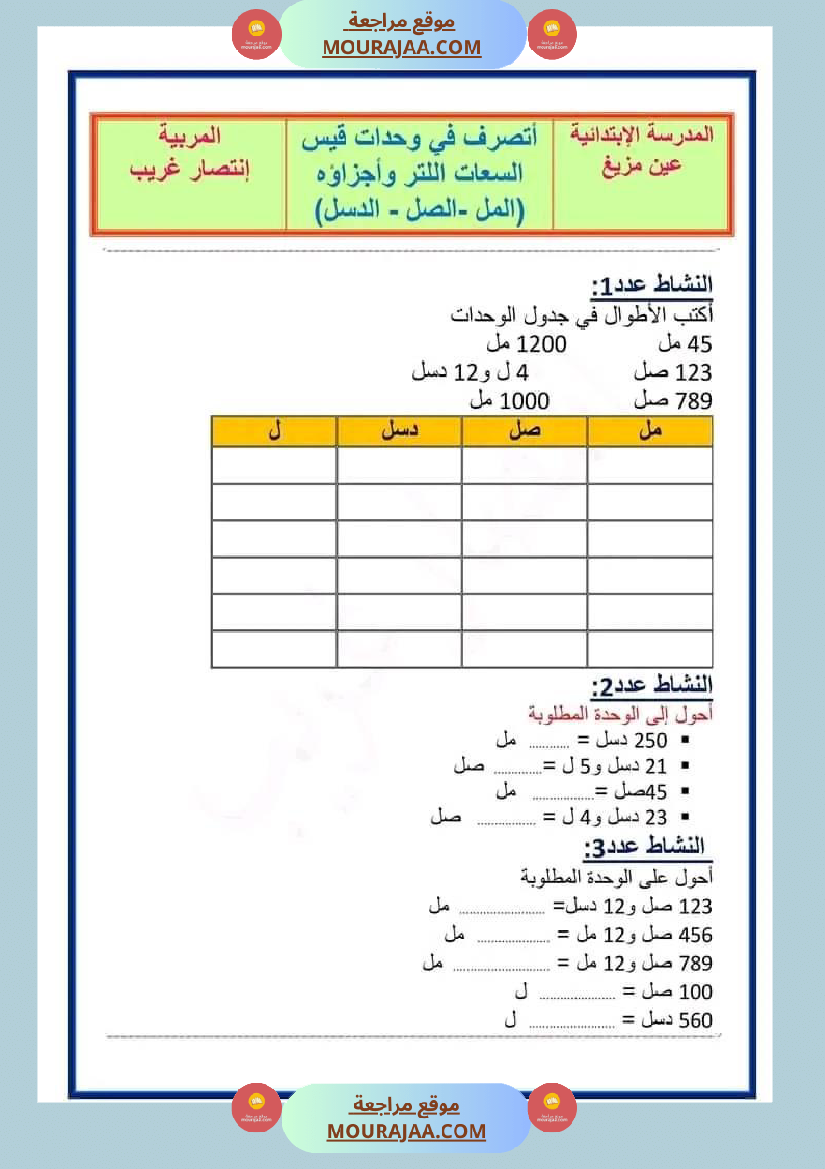 فرض تأليفي رياضيات سنة رابعة ابتدائي الثلاثي الثاني