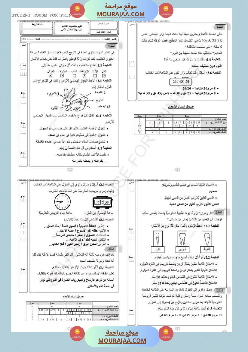 امتحان سنة رابعة ابتدائي ايقاظ علمي الثلاثي الثاني