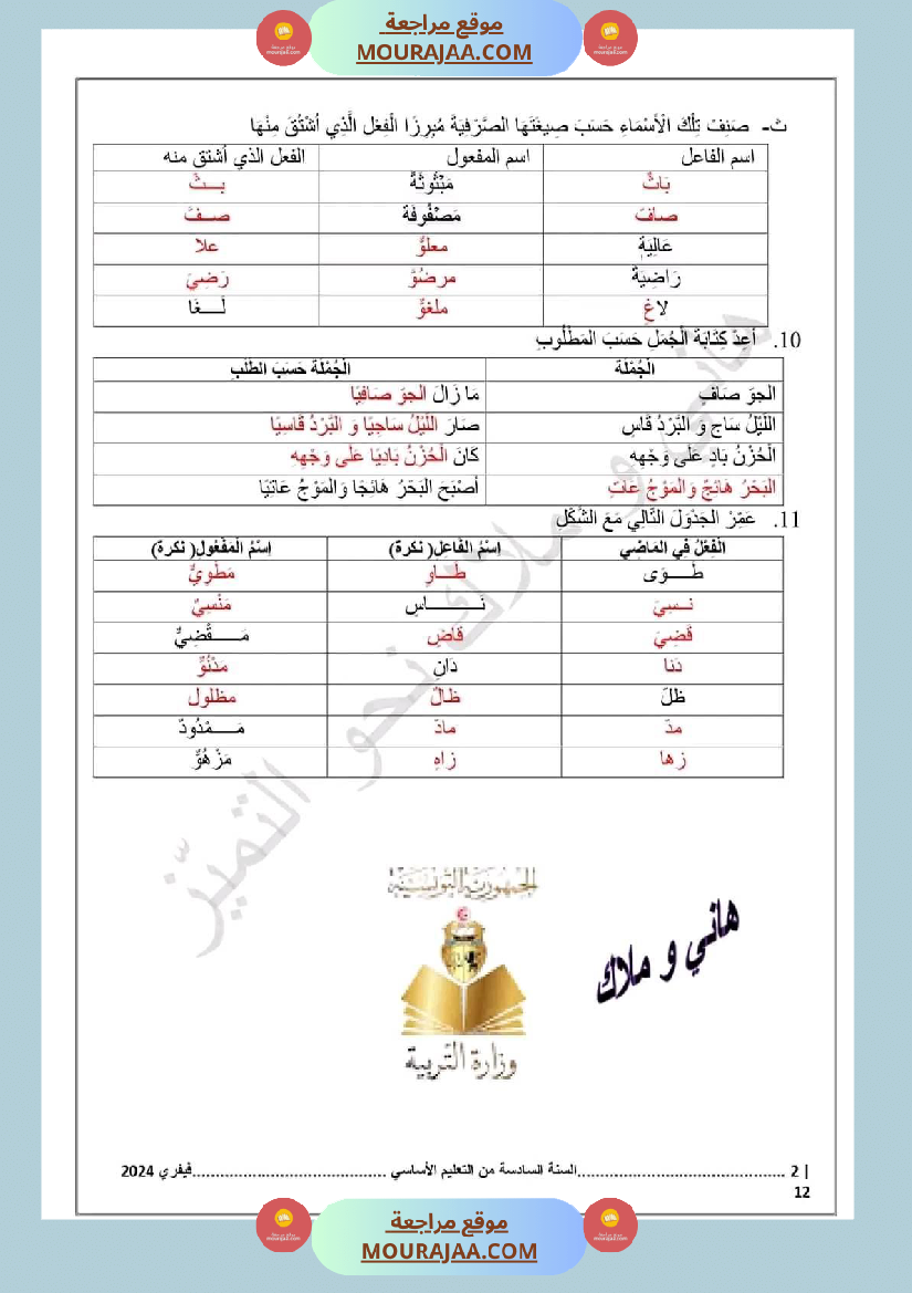 اختبار سنة سادسة ابتدائي قراءة الثلاثي الثاني