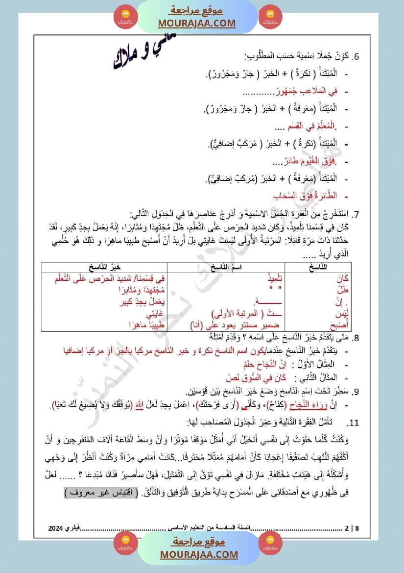 اختبار سنة سادسة ابتدائي قراءة الثلاثي الثاني صفحة 6