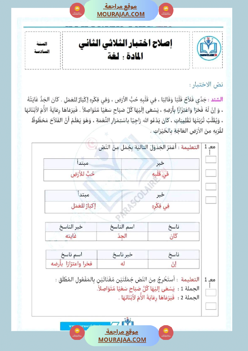 اختبار فيسنة سادسة ابتدائي قراءة الثلاثي الثاني
