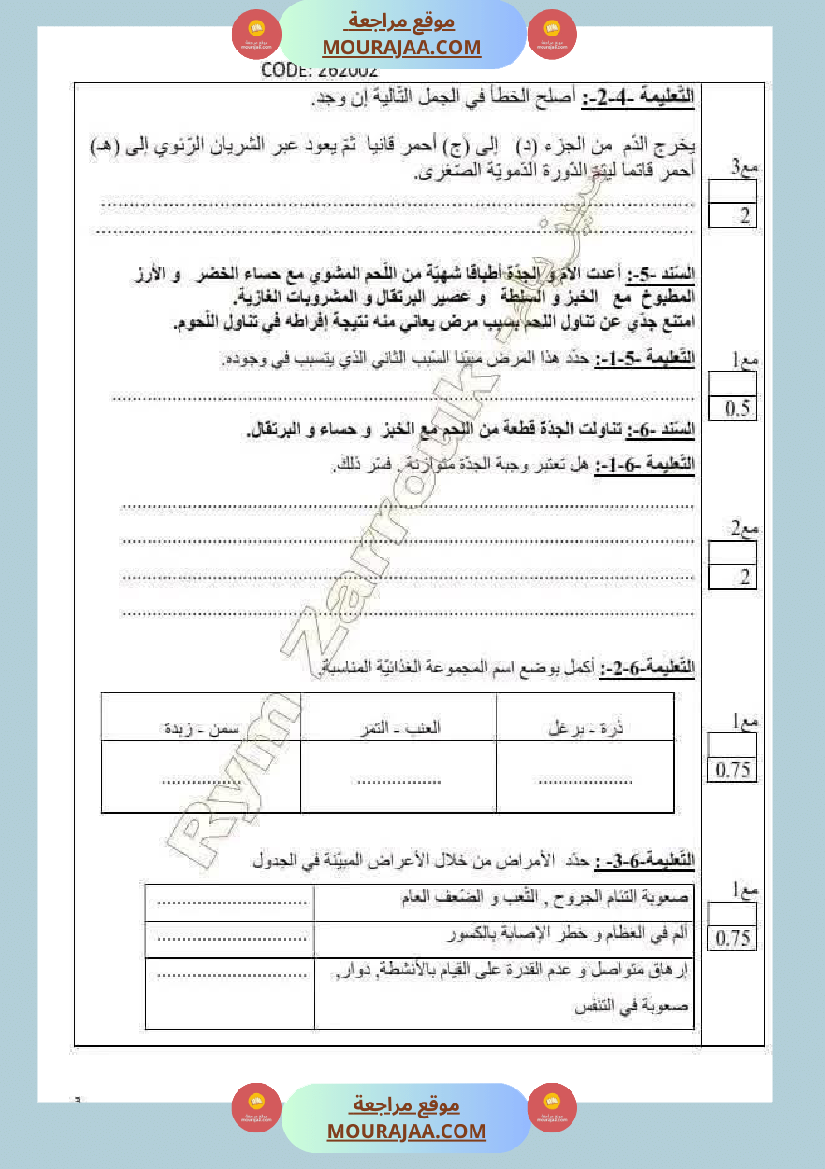 اختبار في سنة سادسة ابتدائي ايقاظ علمي الثلاثي الثاني