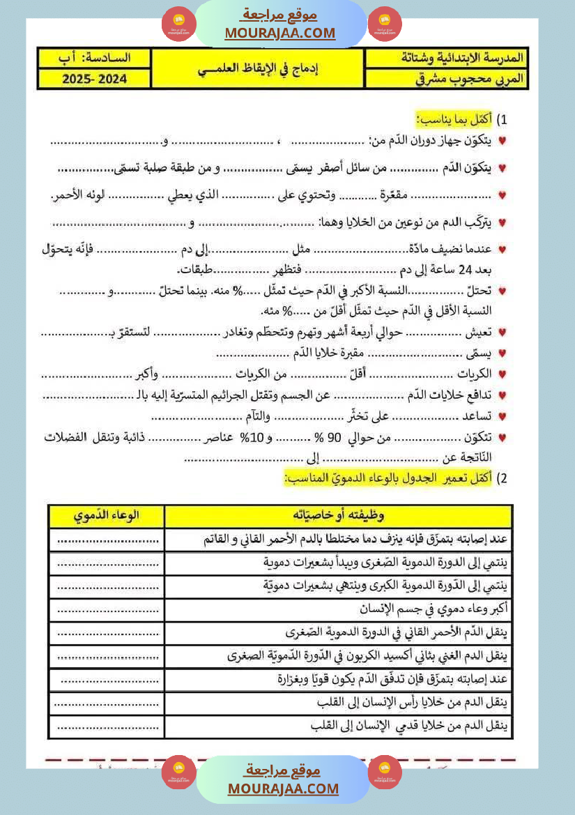 اختبار فيسنة سادسة ابتدائي ايقاظ علمي الثلاثي الثاني