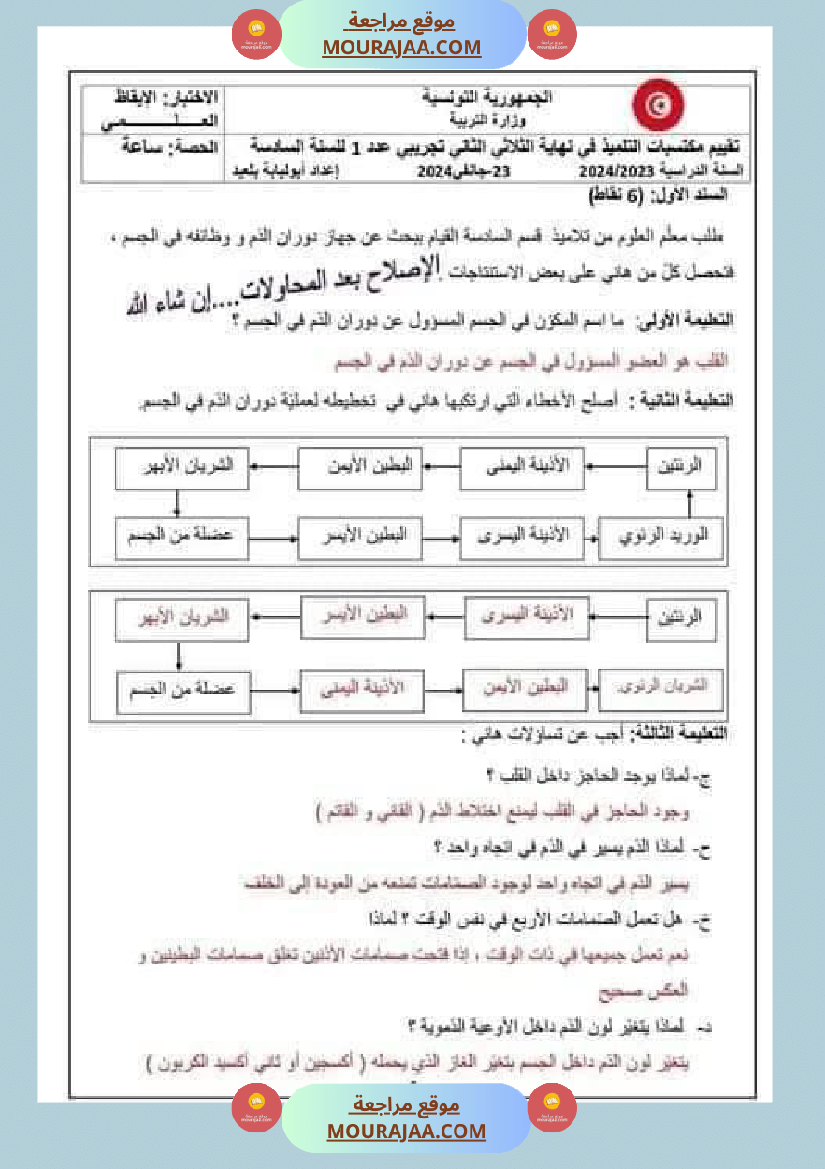 اختبار نهاية الثلاثي سنة سادسة ابتدائي ايقاظ علمي