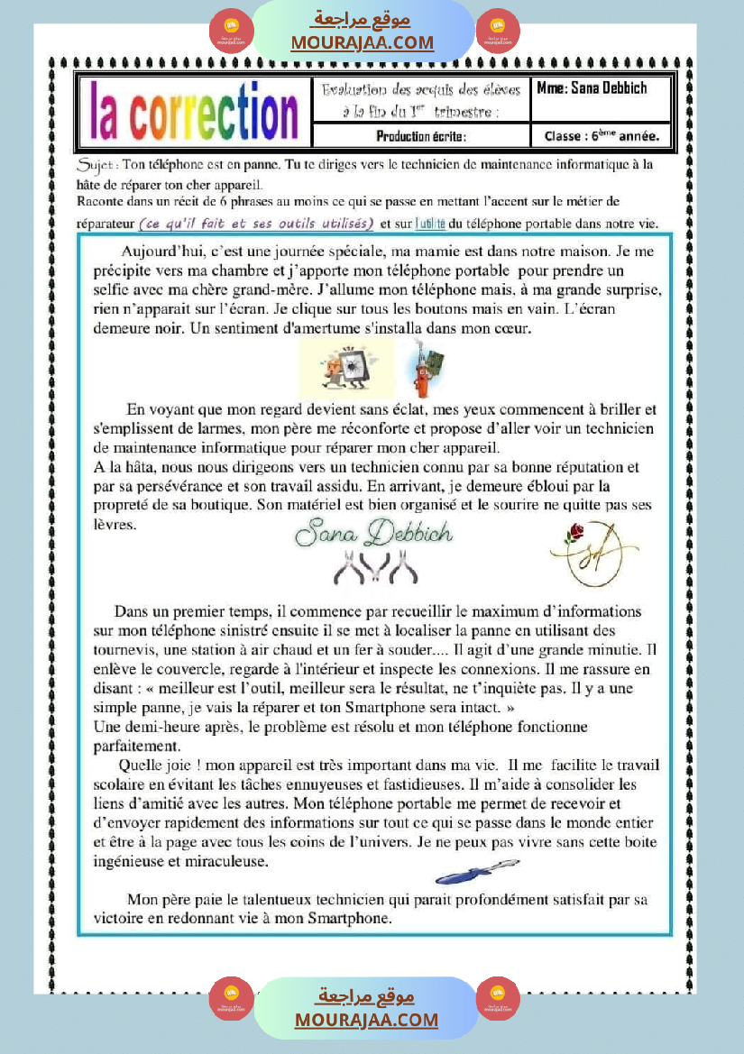 je vous propose cette correction de la production ecrite de 6eme annee
