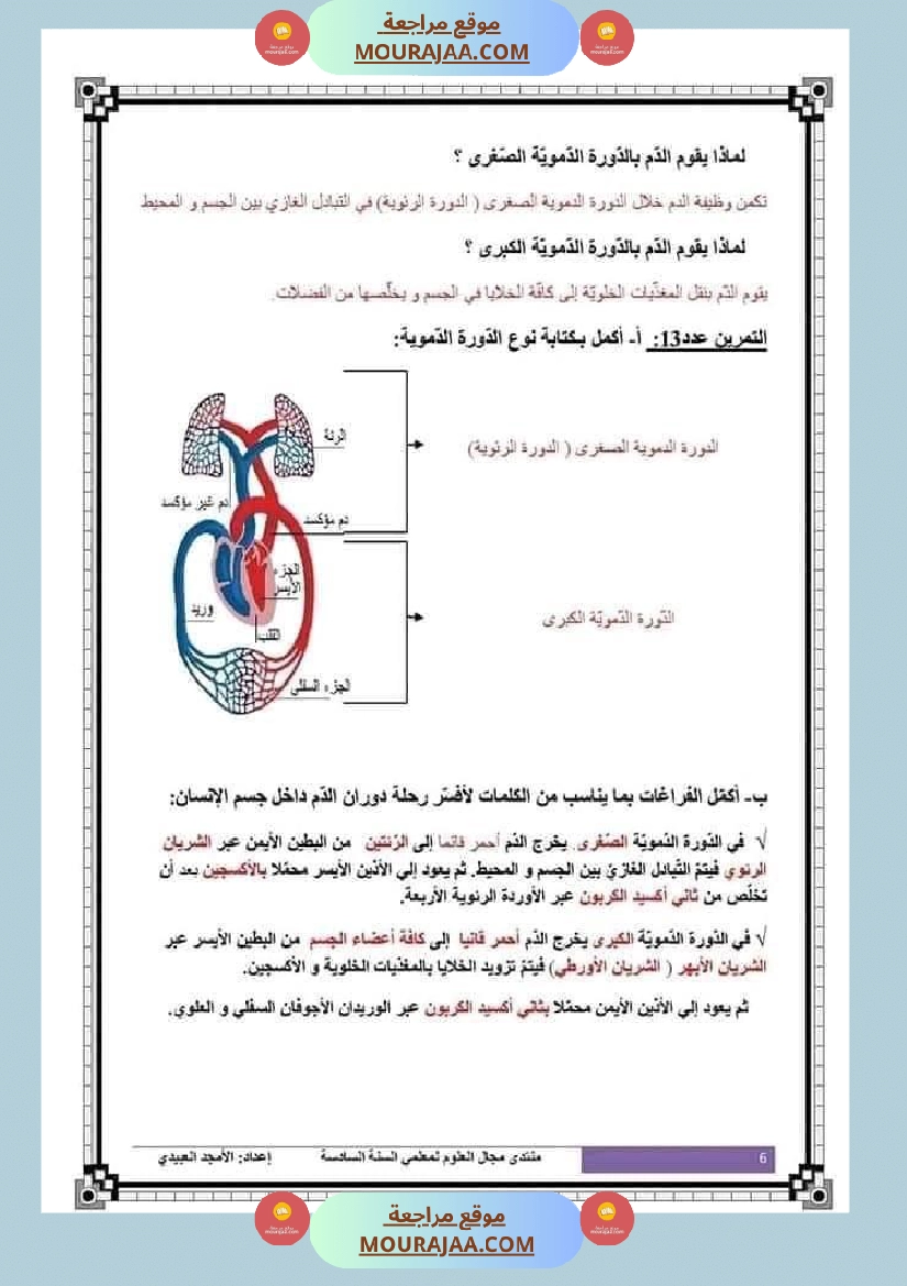 تلاخيص تمارين وتطبيقات محور الدم مصحوبة بالإصلاح لفائدة تلاميذ السنة السادسة صفحة 15