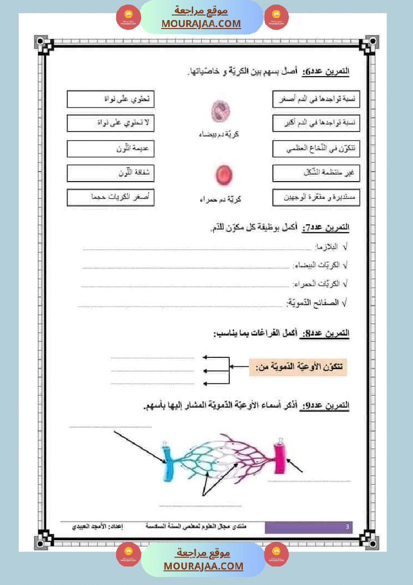 تلاخيص تمارين وتطبيقات محور الدم مصحوبة بالإصلاح لفائدة تلاميذ السنة السادسة