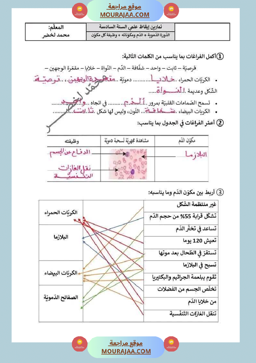 سنة سادسة ايقاظ علمي ثلاثي 2 مكونات الدم و وظيفة