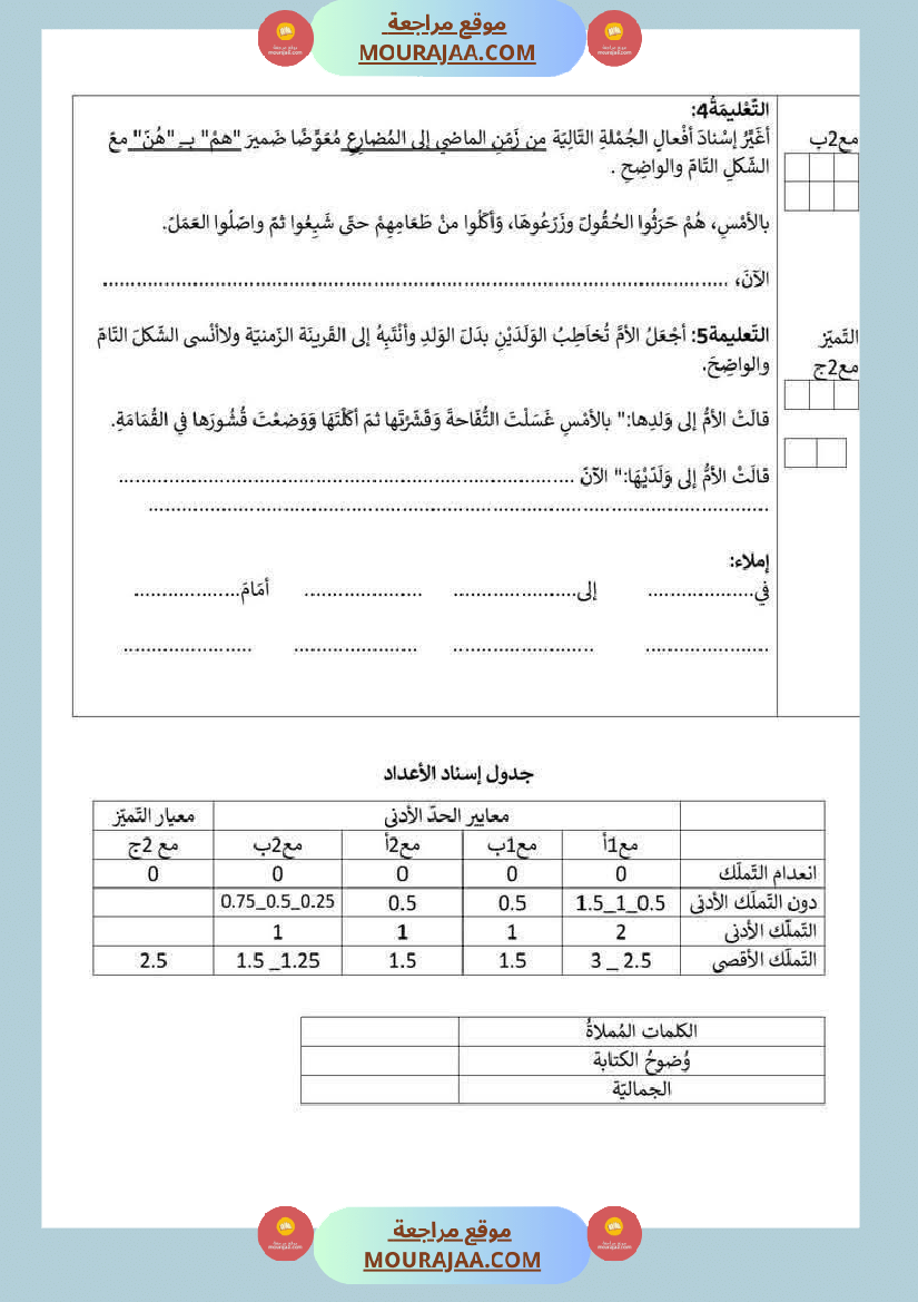 امتحان لغة سنة ثالثة ابتدائي الثلاثي الثاني