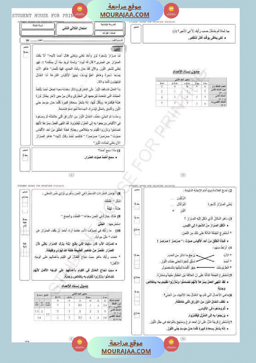 امتحان لغة سنة ثالثة ابتدائي الثلاثي الثاني