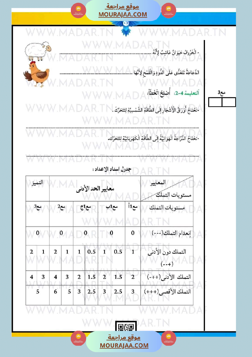امتحان سنة ثالثة ابتدائي ايقاظ علمي الثلاثي الثاني