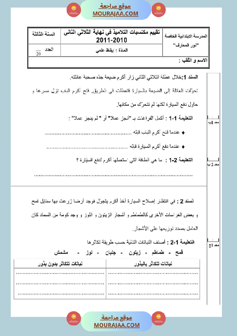 اختبارات الثلاثي الثاني لتلاميذ السنة الثالثة فرنسية إنتاج كتابي و ايقاظ علمي