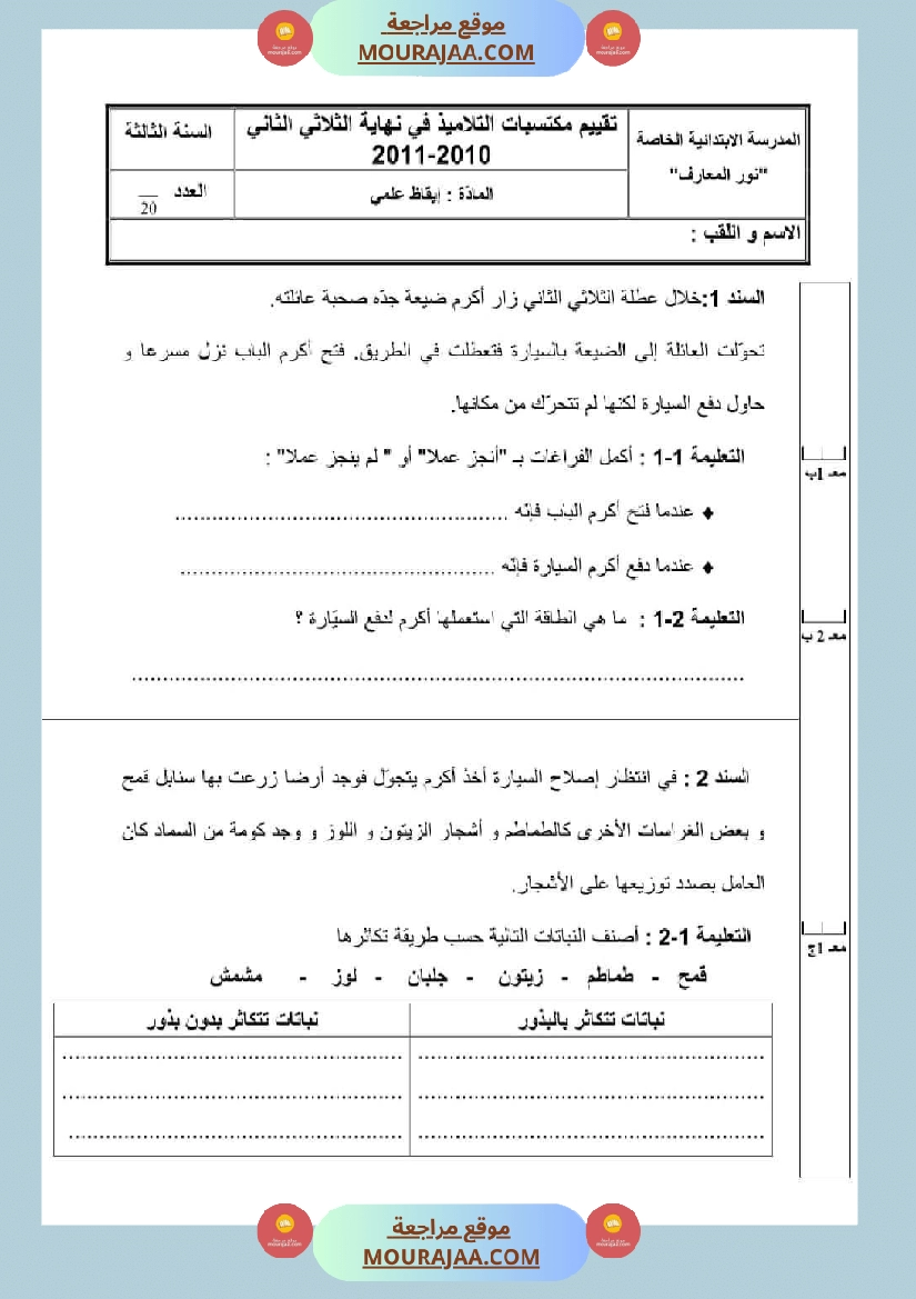 اختبارات الثلاثي الثاني لتلاميذ السنة الثالثة فرنسية إنتاج كتابي و ايقاظ علمي صفحة 21