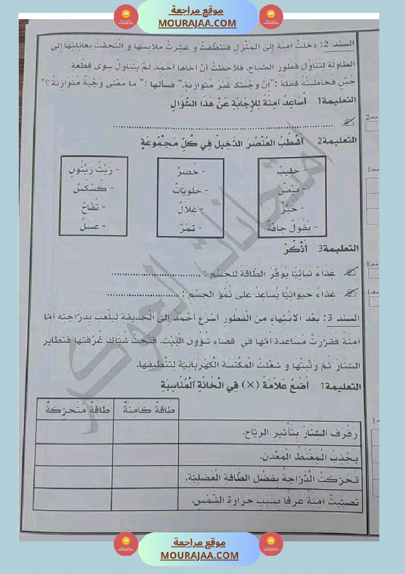 السنة الثالثة تلخيص دروس الإيقاظ إمتحانات الثلاثي الثاني