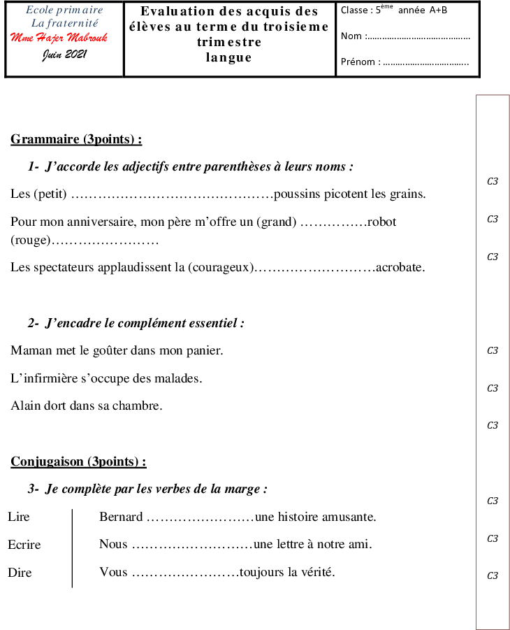 evaluation langue 3eme trismetre