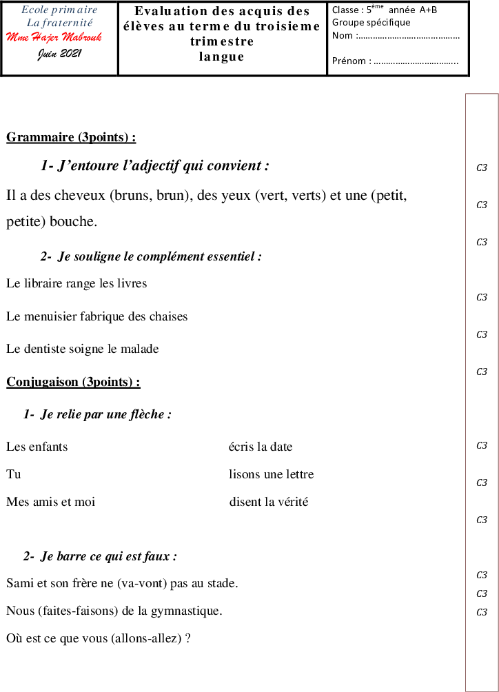 evaluation langue 3eme trismetre1