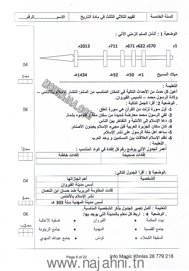 امتحان رياضيات سنة خامسة الثلاثي الثالث  ()
