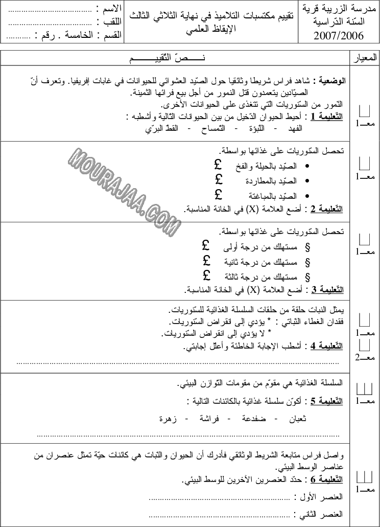امتحان ايقاظ علمي سنة خامسة ثلاثي الثالث 