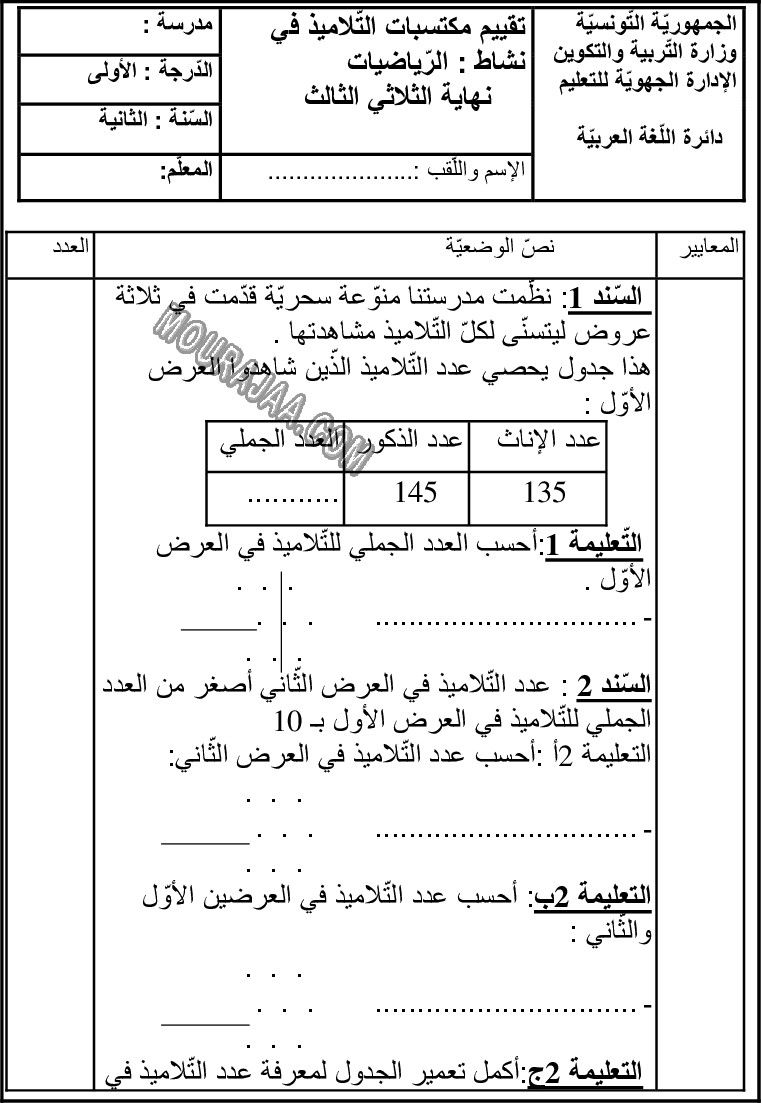 امتحان رياضيات سنة ثانية ثلاثي الثالث 