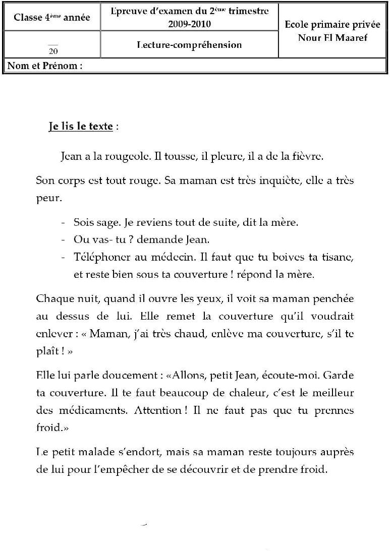 epreuve lecture comprehension quatrieme 2tr88