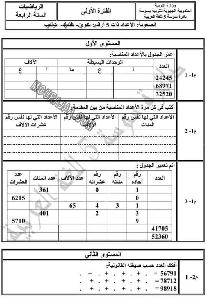 تقييم الرياضيات الثلاثي الاول الفترة الاولى سنة رابعة