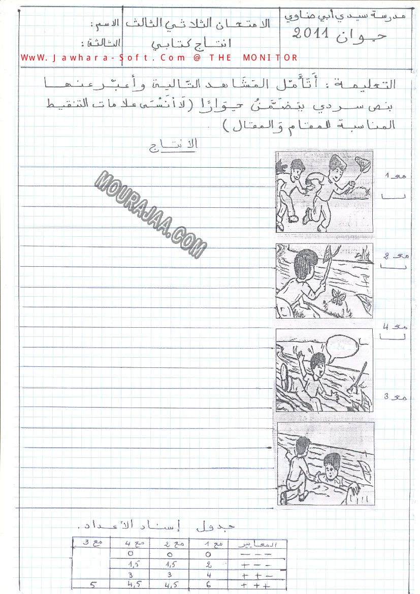 امتحان انتاج كتابي سنة ثالثة الثلاثي الثالث 