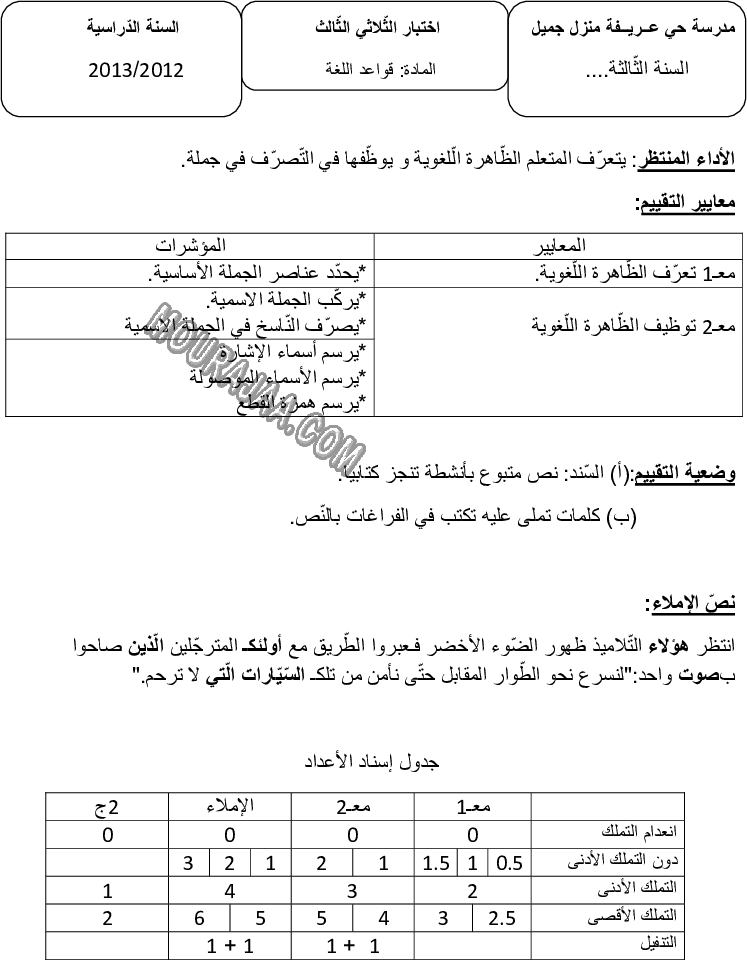امتحان قواعد اللغة سنة ثالثة الثلاثي الثالث 