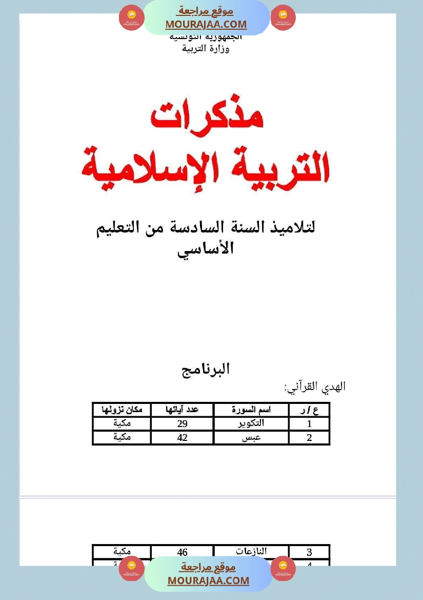 مذكرات التربية الإسلامية السنة السادسة