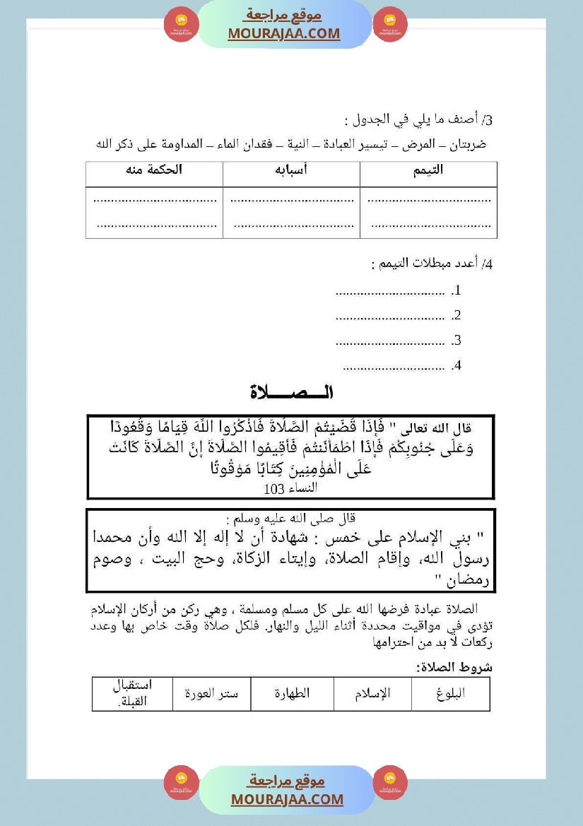 مذكرات التربية الإسلامية السنة السادسة