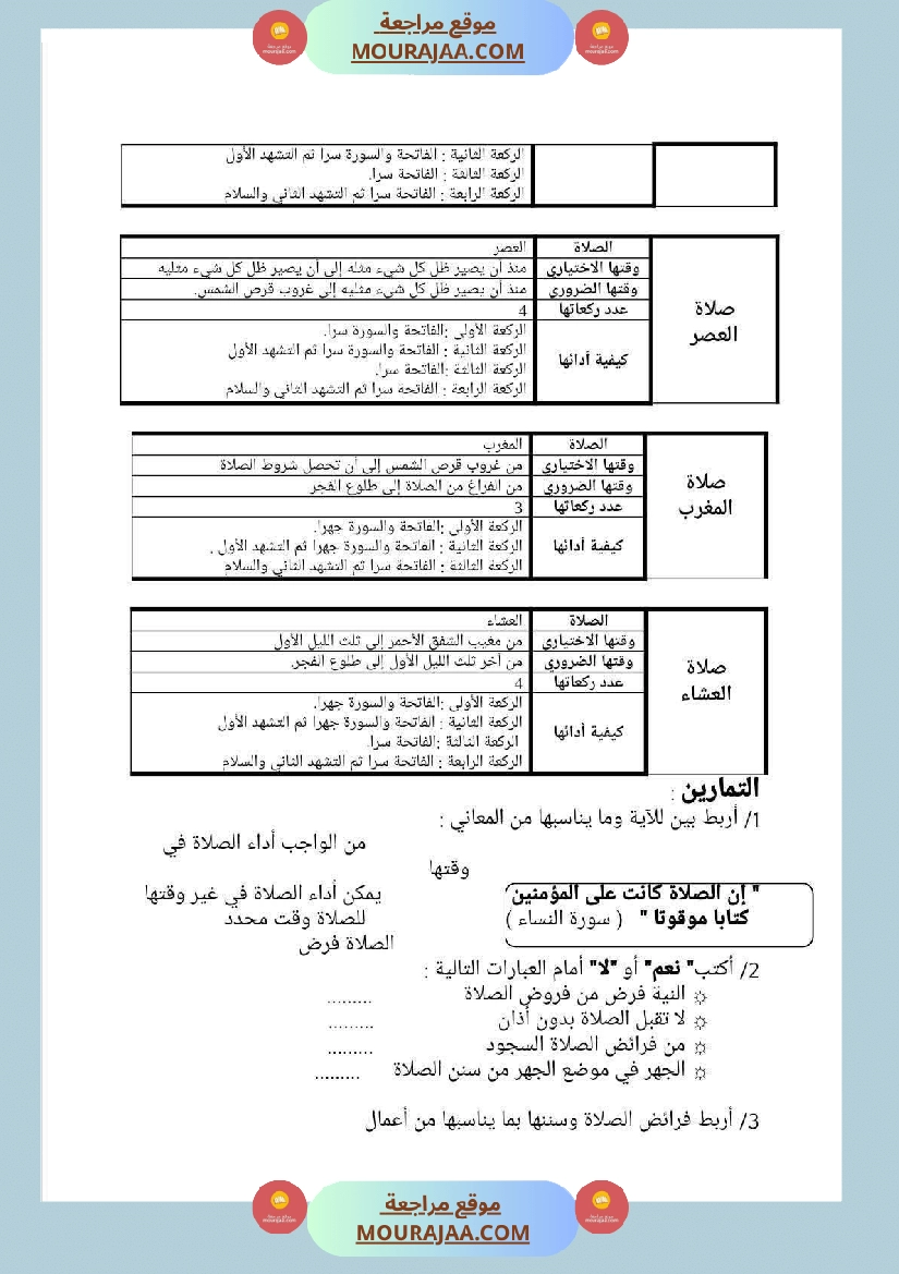 مذكرات التربية الإسلامية السنة السادسة