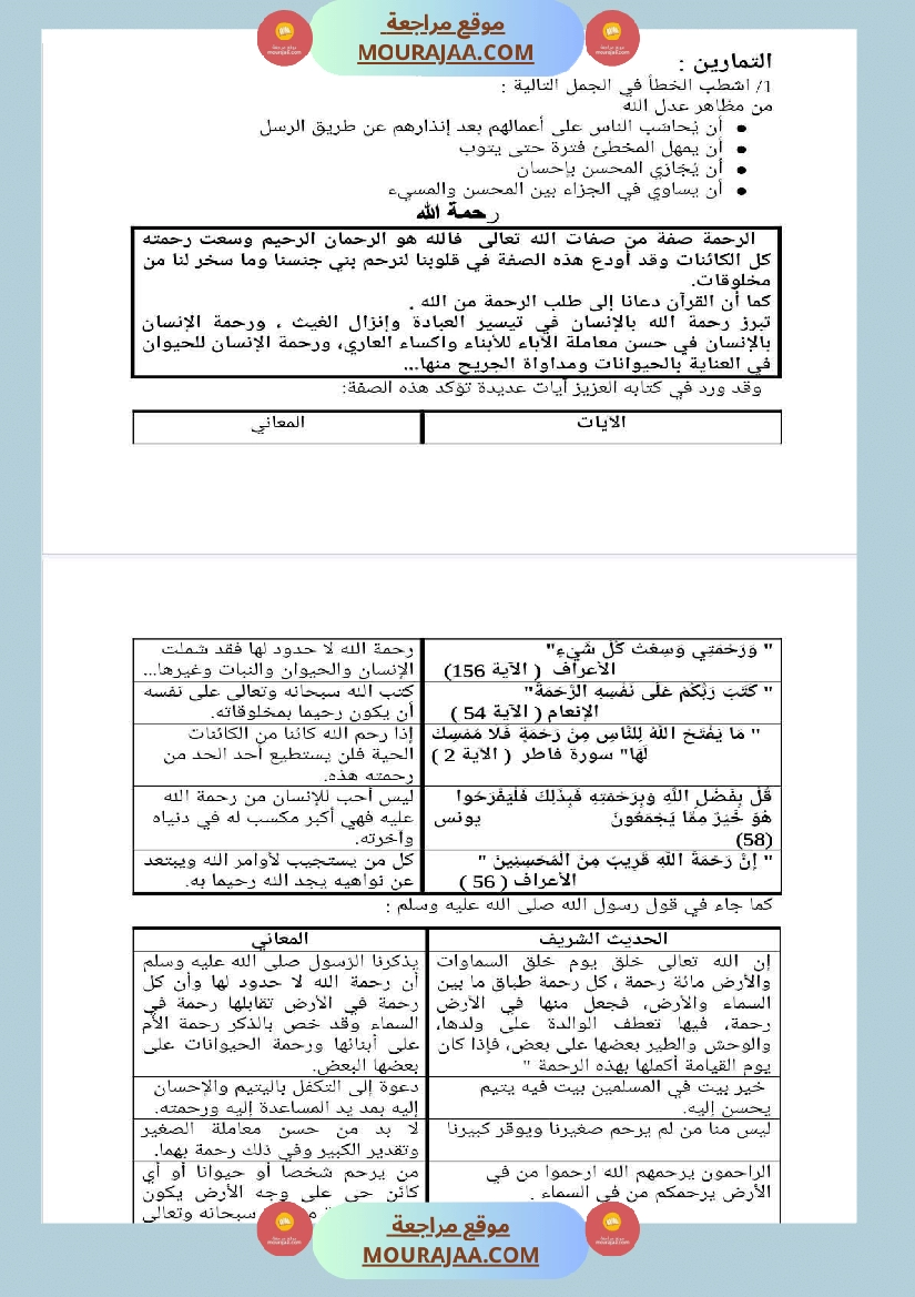 مذكرات التربية الإسلامية السنة السادسة